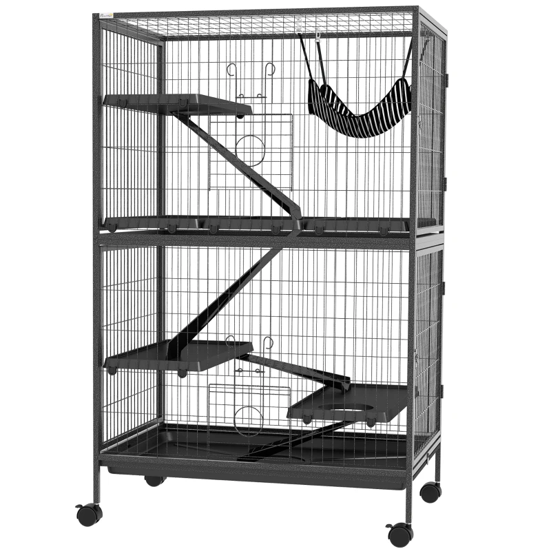 PawHut Gaiola para Roedores 80x52x128 cm Casa de 4 Alturas com Rampas Suspensa Rede Bandeja Removível Rodas Cinza Escuro
