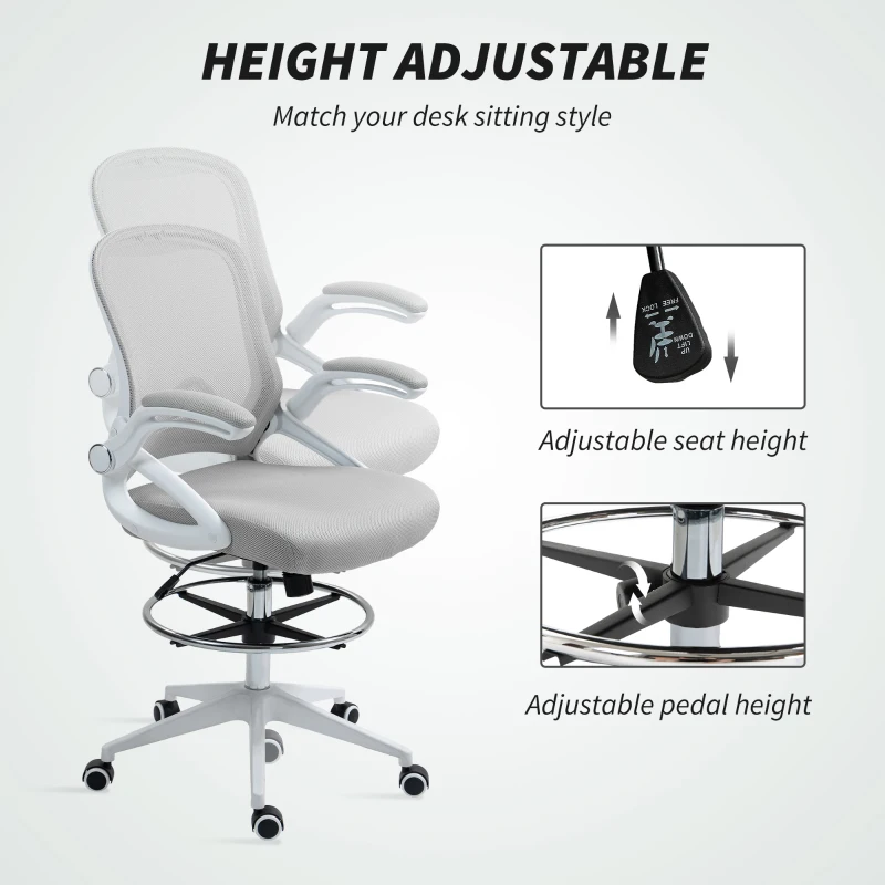 Vinsetto Drafting Chair with Flip-up Armrest, Mesh Office Stool with Foot Ring, 360 Degree Swivel Height Adjustable Chair for Standing Desk, Light Grey