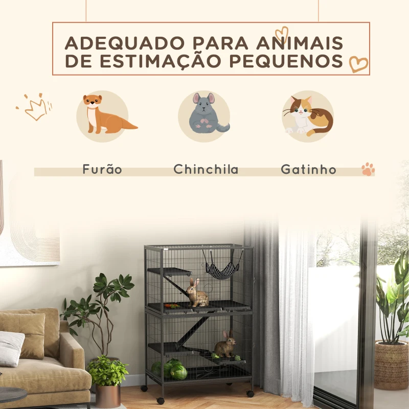 PawHut Gaiola para Roedores 80x52x128 cm Casa de 4 Alturas com Rampas Suspensa Rede Bandeja Removível Rodas Cinza Escuro