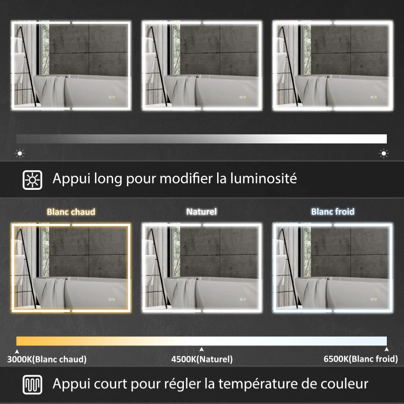 HOMCOM Armoire de toilette avec miroir, éclairage LED, 60 x 80 cm fonction anti-buée, variateur de lumière, 3 couleurs, noir