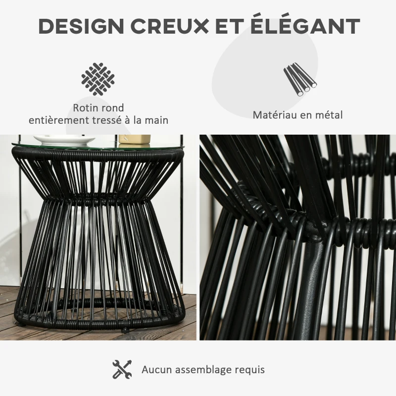 Outsunny Table de jardin ronde en résine tressée imitation rotin table de bistrot métal plateau verre trempé Ø 40 x 42 cm noir