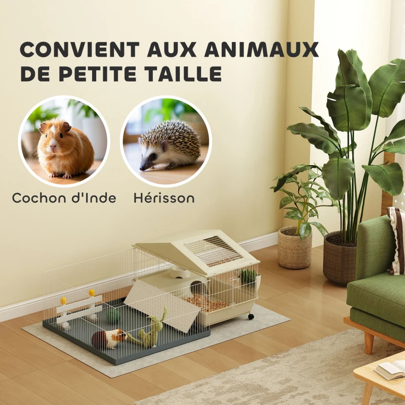PawHut Cage cochon d'inde cage pour petits animaux avec parc amovible tapis imperméable mangeoire à foin 108 x 71 x 57 cm beige