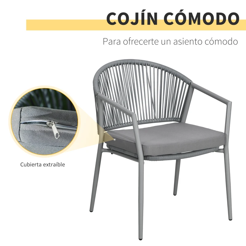 Outsunny Juego de 2 Sillas y Mesa de Ratán con Cojines Acolchados y Encimera de Vidrio para Balcón Terraza Gris