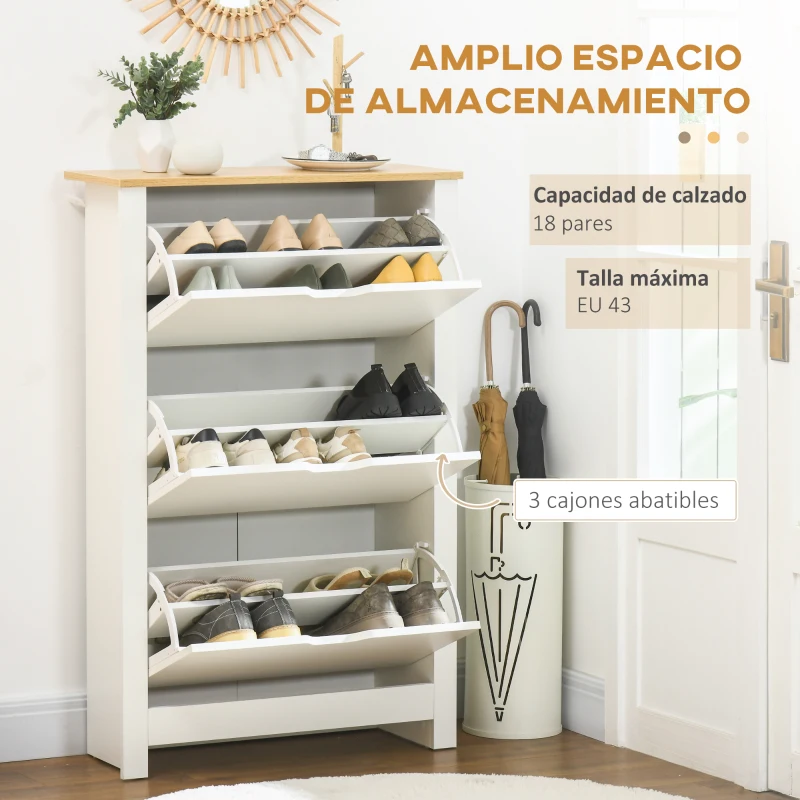 HOMCOM Mueble Zapatero Blanco Armario Zapatero Alto con 3 Cajones Abatibles para 18 Pares de Zapatos 72x26x112 cm Blanco