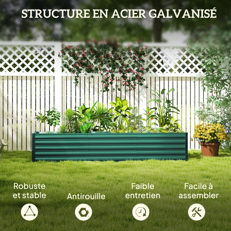 Outsunny Carré potager potager surélevé en acier galvanisé barres de soutien et plaques d'angle fond ouvert 240 x 40 x 45 cm vert
