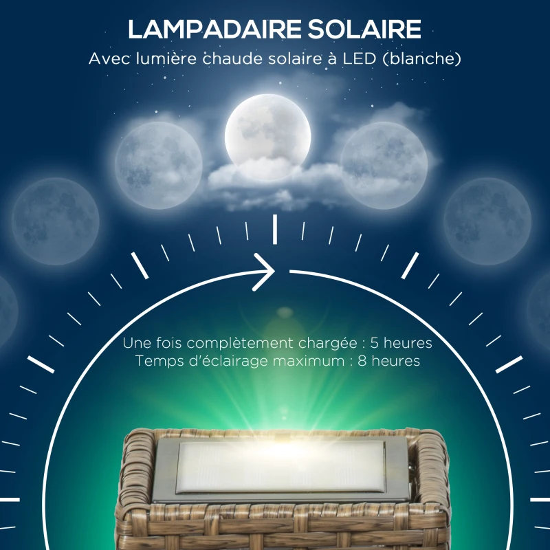 Outsunny Lampadaire solaire extérieur en résine tressée lampadaire sans fil rechargeable capteur de lumière 15,5 x 15,5 x 46 cm