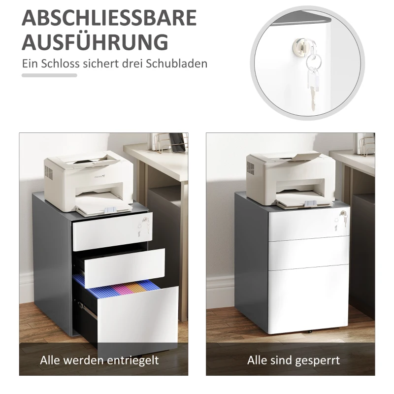 Vinsetto Archiefkast, Rolcontainer, 3 Lades & Hangmapframe, Slot, Stalen Behuizing, 39x48x59 cm, Wit+Grijs