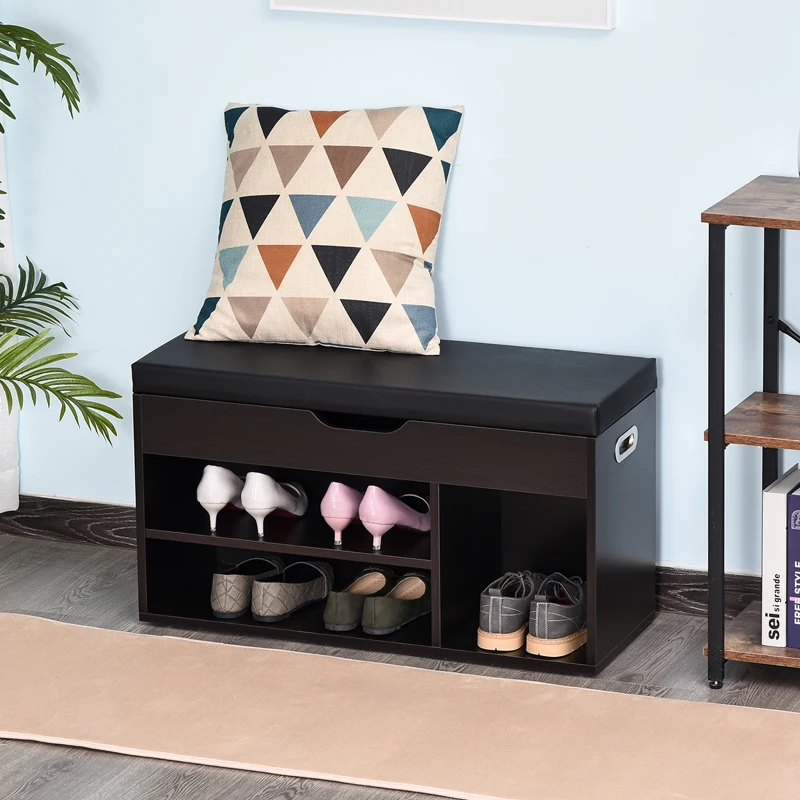HOMCOM Meuble Chaussures Banc à Chaussures 2 Niveaux Rangement, Niche + Coffre intégré avec Coussin Noir