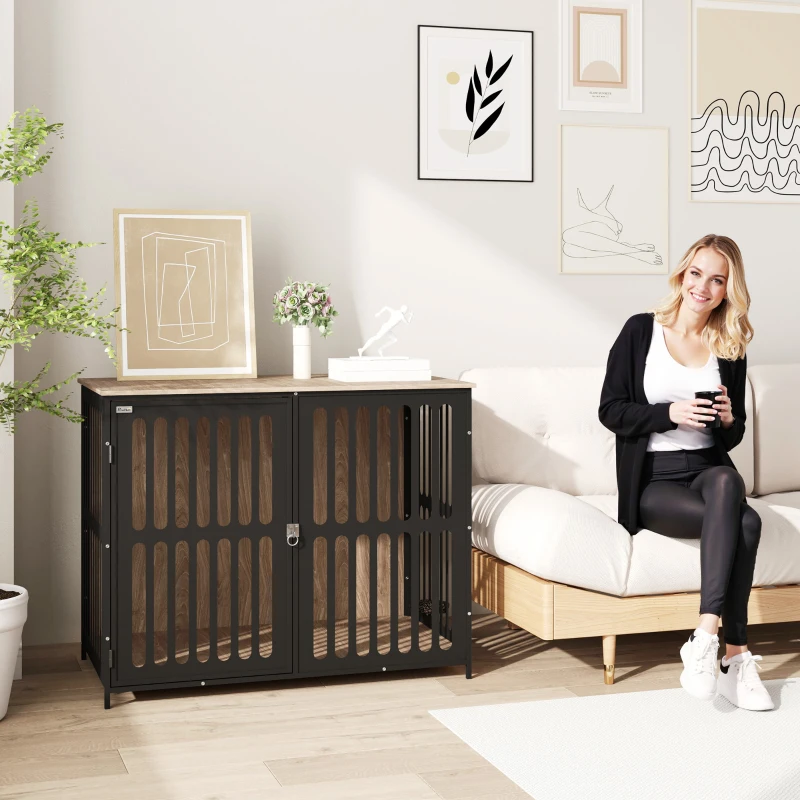 PawHut Dog Crate Furniture with Anti-Chew Resistant Mesh, Anti-Escape Single Door, for Large Dogs, 100 x 60 x 81.5 cm