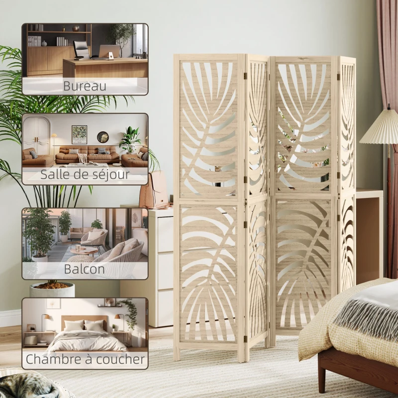 HOMCOM Paravent interieur en bois 4 panneaux 160 x 170 cm, pliable et portable, motif de feuille, design amovible, bois naturel