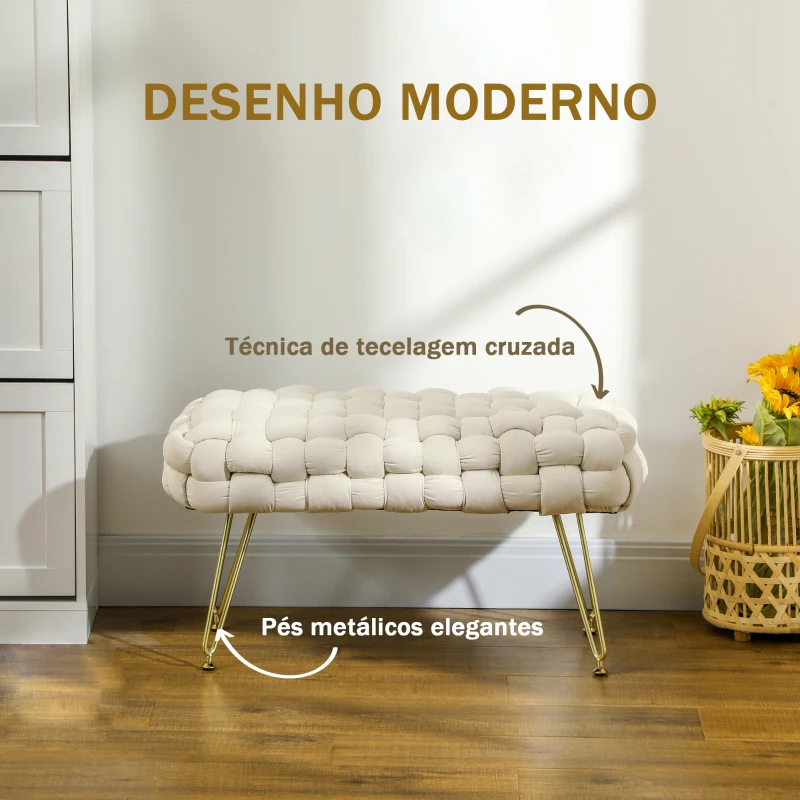 HOMCOM Apoio para os Pés Sala de Estar em Veludo com Pés de Metal e Assento Acolchoado para Dormitório Entrada 76x38x41,5 cm Creme