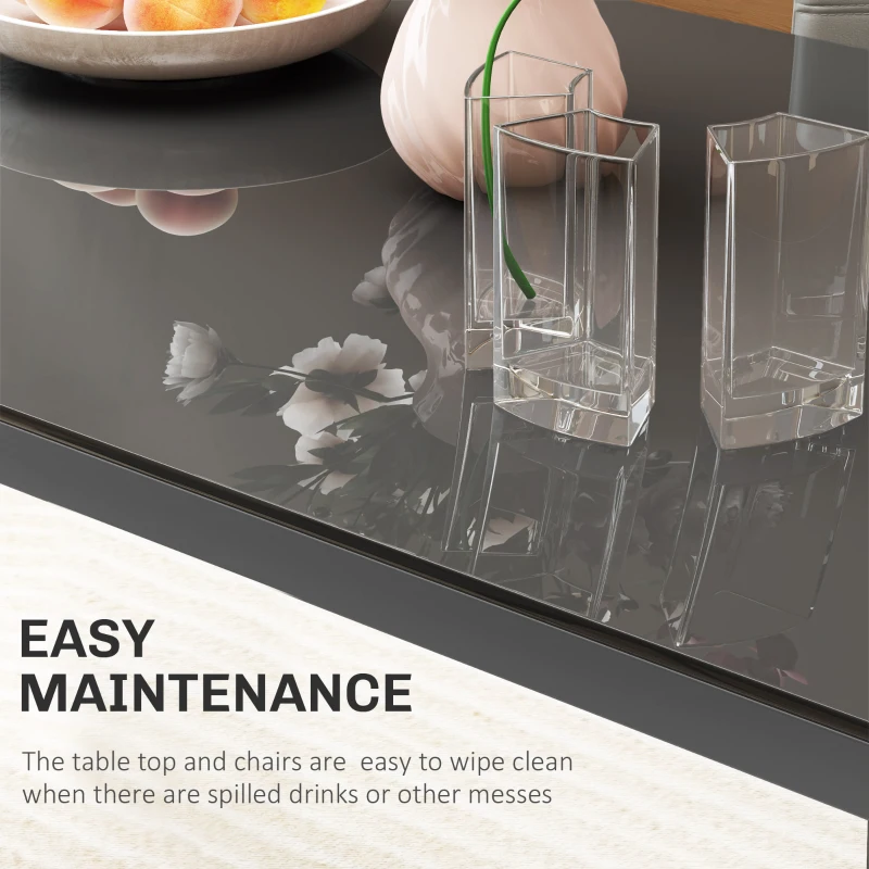 HOMCOM 5-Piece Kitchen Dining Table Set with 4 Faux Leather Metal Frame Chairs Glass Tabletop Desk for Dining Room, Kitchen, Dinette, Grey