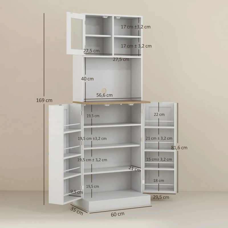 HOMCOM Armário de Cozinha Armário Alto de Cozinha com 3 Portas Prateleiras Ajustáveis e Prateleiras na Porta  60x35x169 cm Branco