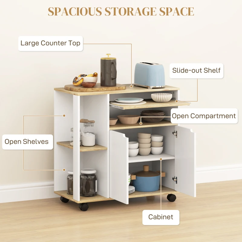 HOMCOM Wózek Kuchenny na Kółkach z Miejsce do Przechowywania, Szafka, Regulowane Półki, do Kuchni, Salonu, Jadalni, Biały