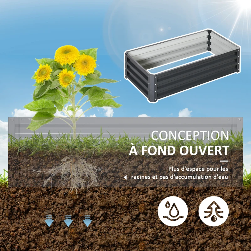 Outsunny Carré potager de jardin rectangulaire tôle d'acier ondulée 120 x 60 x 30,5 cm gris