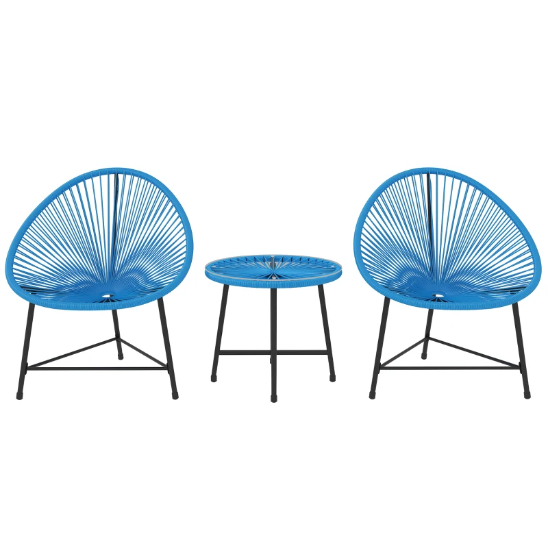 Outsunny Salon de jardin extérieur en résine tressée 2 personnes, plateau en verre trempé, pour balcon terrasse patio, bleu