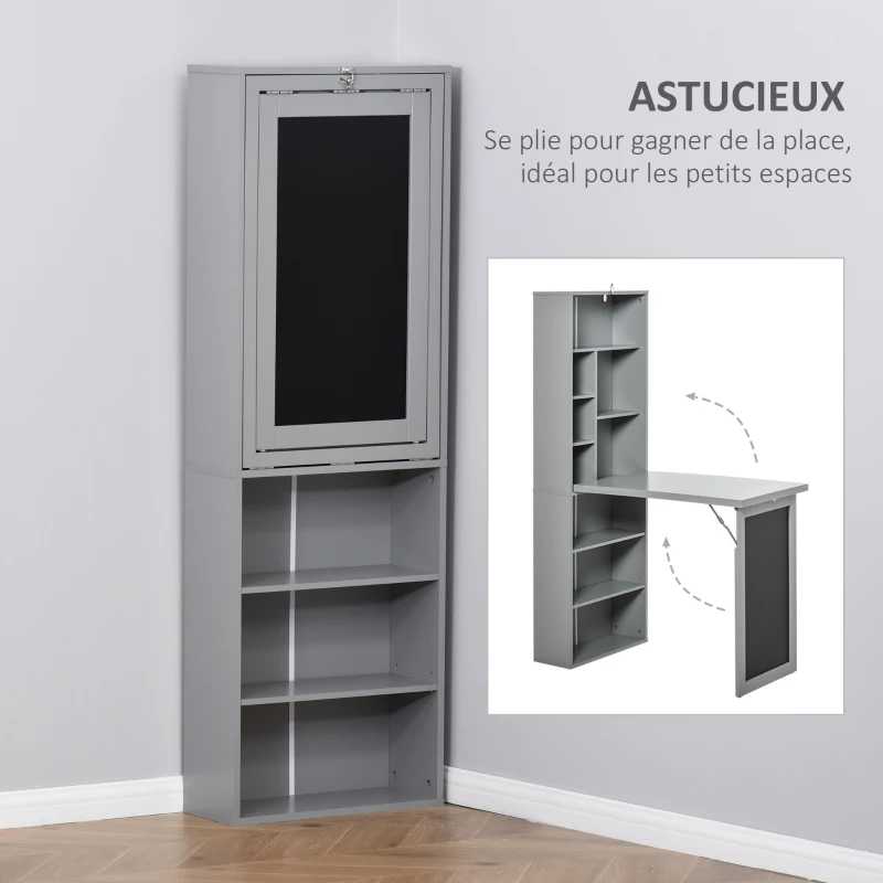 HOMCOM Bureau avec rangement pliable murale rabattable avec bibliothèque poste de travail tableau à craie et étagère réglable(m-6)
