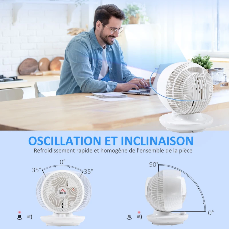 HOMCOM Ventilateur de table puissant 45W, 3 vitesses, oscillant à 70° multidirectionnelle, inclinaison à 90°, blanc