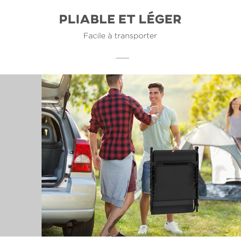 Outsunny Lot de 2 bain de soleil transat pliable dossier inclinable multi-positions acier lacets élastiques textilène noir