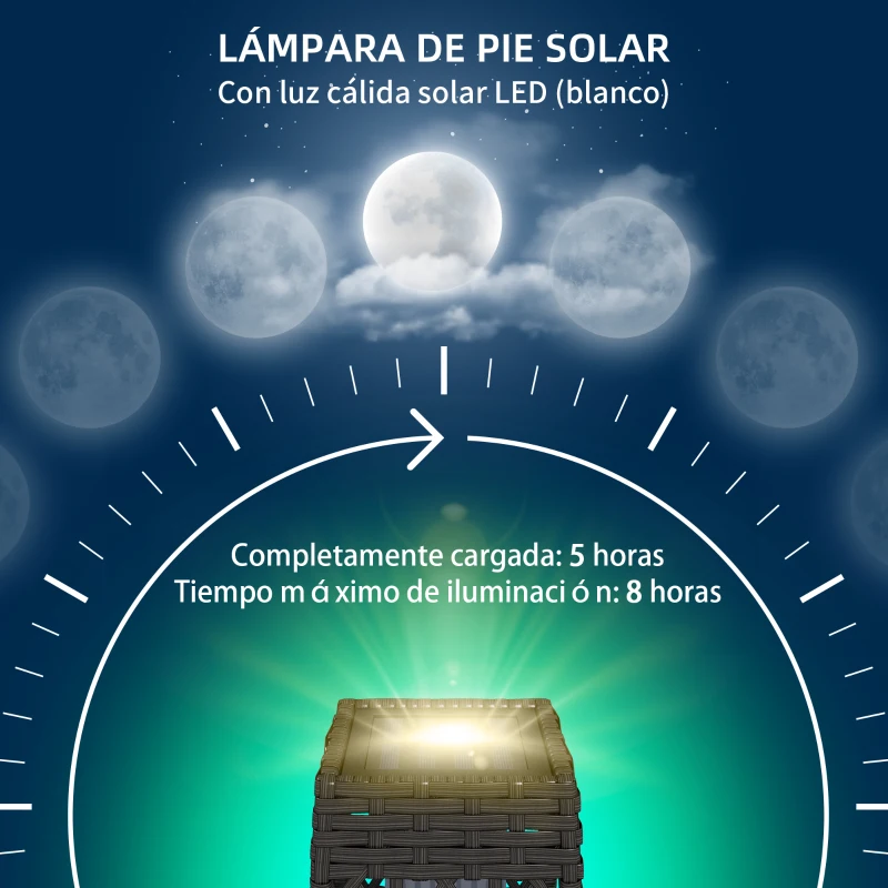 Outsunny Lámpara Solar de Ratán Sintético con Luces LED Encendido/Apagado Automático para Exterior 20x20x68 cm Gris