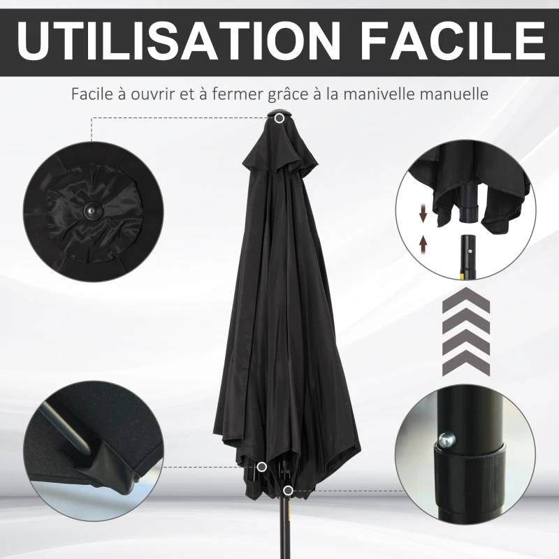 Outsunny Parasol droit parasol inclinable de jardin manivelle toile polyester haute densité 180 g/m² Ø2,6 x 2,35 m aluminium noir