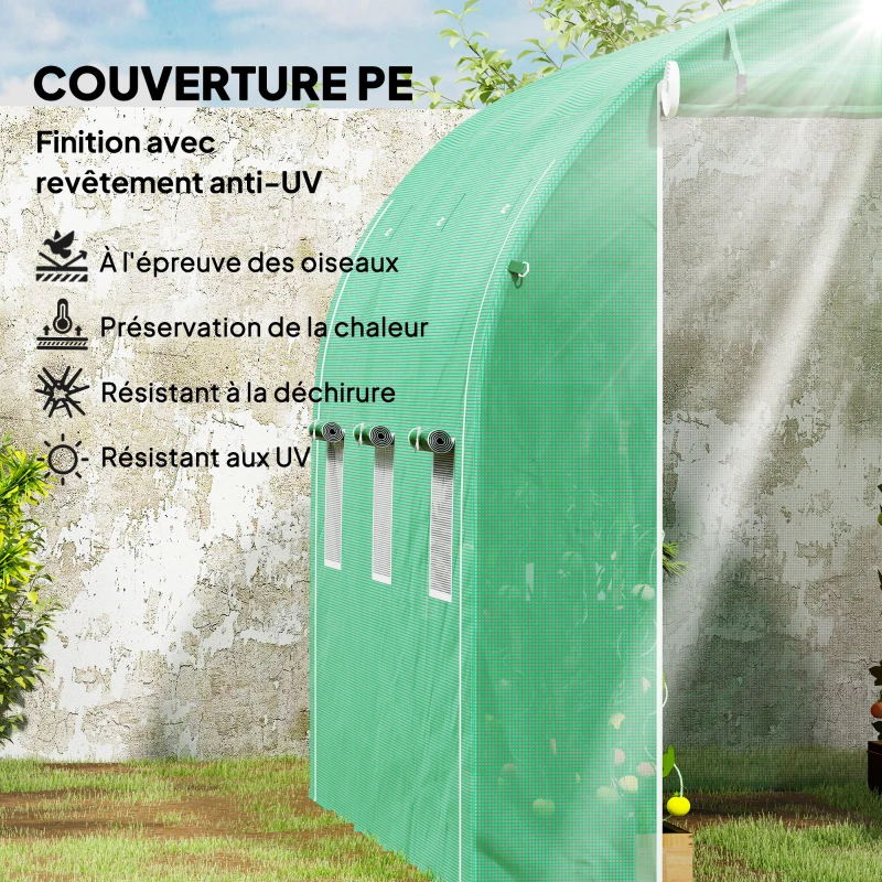 Outsunny Serre tunnel de jardin 6 m² 3 x 2 m avec 1 porte + 2 parois latérales zippées enroulables, 6 fenêtres, vert