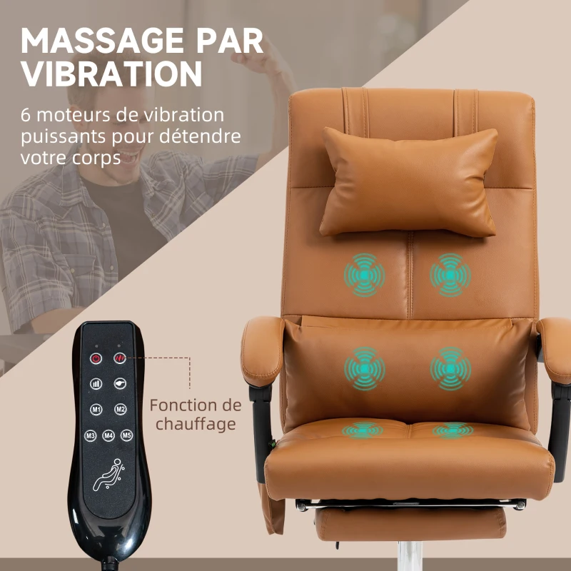 Vinsetto Fauteuil de bureau massant chauffant avec repose-pieds têtière sur roulettes revêtement synthétique marron