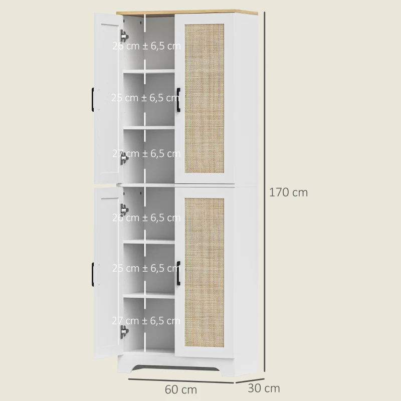 HOMCOM Alacena de Cocina con Estantes Ajustables Puertas de Ratán y Sistema Anti-vuelco 60x30x170 cm Blanco