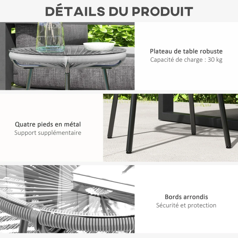 Outsunny Table basse ronde de jardin en résine aspect rotin métal et plateau verre trempé Ø 50 x 50 cm gris