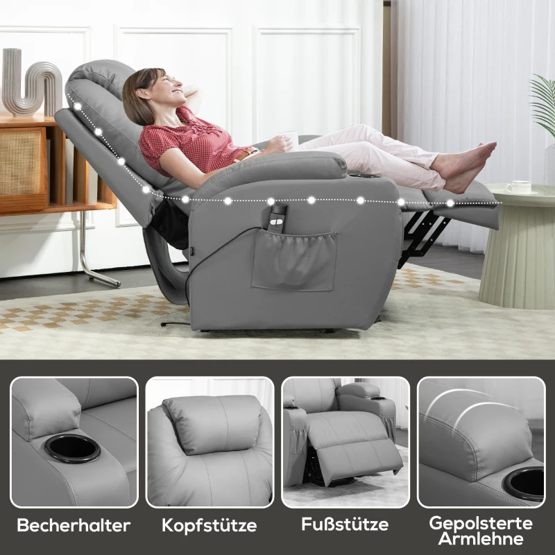 HOMCOM Elektrischer Relaxsessel mit Aufstehhilfe, Getränkehalter, 4 Taschen, 84x92x109 cm, Hellgrau