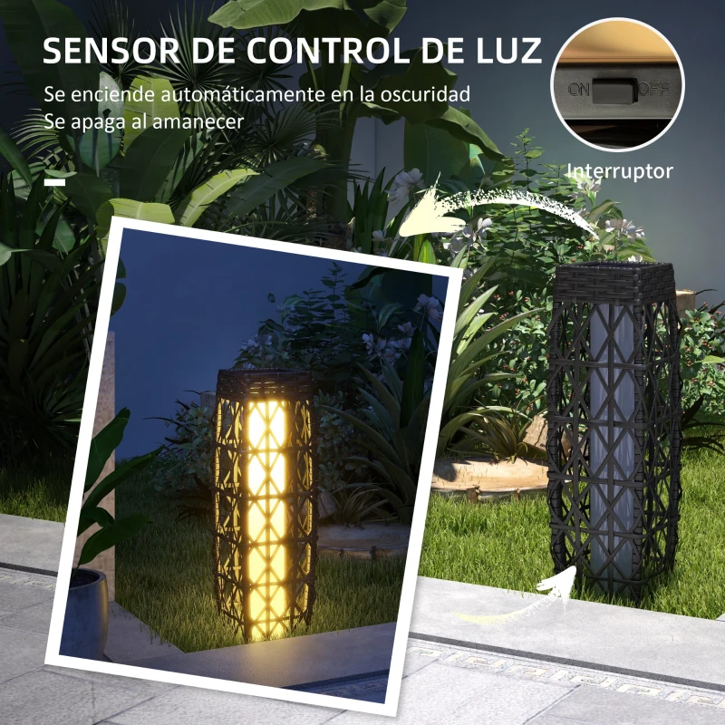 Outsunny Lámpara Solar de Ratán Sintético con Luces LED Encendido/Apagado Automático para Exterior 20x20x68 cm Gris