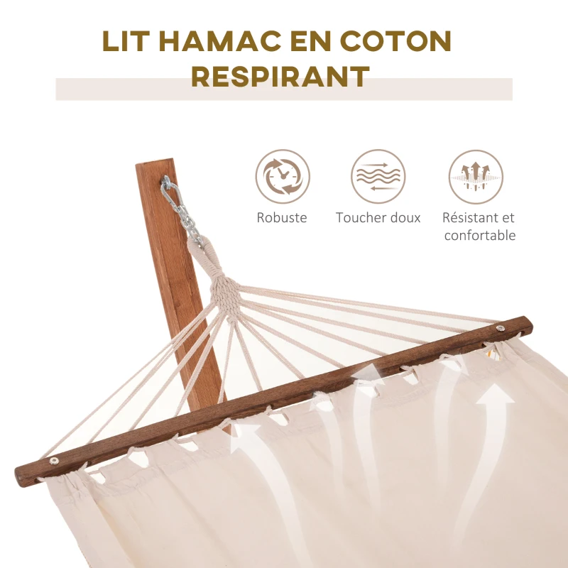 Outsunny Hamac avec support bois hamac sur pied extérieur 4 cordes de sécurité charge 120 kg bois naturel et blanc