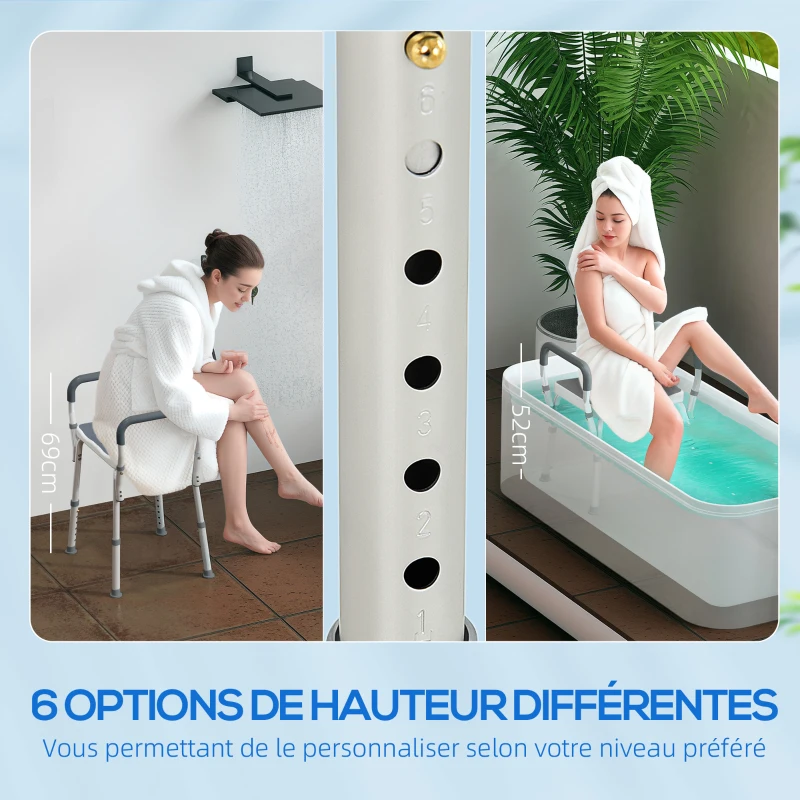 HOMCOM Tabouret de douche pour personnes âgées et handicapées avec accoudoirs, hauteur réglable, patins antidérapants, gris(m-4)