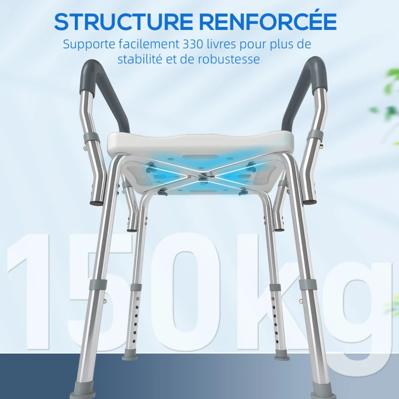 HOMCOM Tabouret de douche pour personnes âgées et handicapées avec accoudoirs, hauteur réglable, patins antidérapants, gris(m-8)