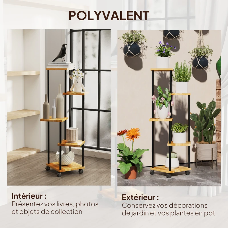 Outsunny Support à plantes à 5 niveaux pour intérieur et extérieur, étagère plante avec 4 roues  en acier et bois bois naturel