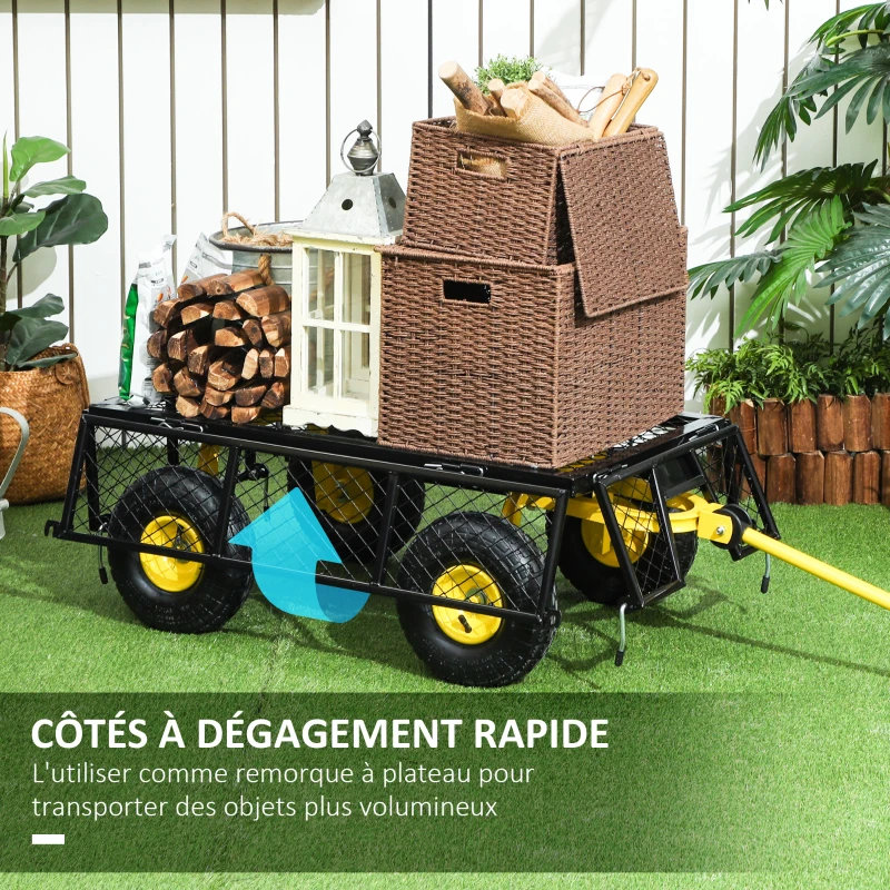 Outsunny Chariot de jardin chariot de transport 4 roues côtés amovibles transformable en plateau 104 x 54 x 51 cm noir et jaune