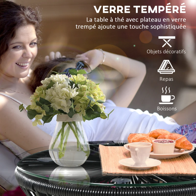 Outsunny Table de jardin ronde en résine tressée imitation rotin table de bistrot métal plateau verre trempé Ø 40 x 42 cm noir