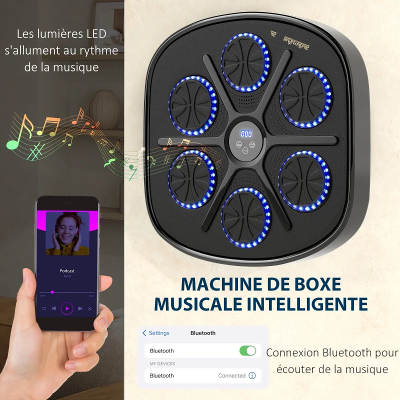 SPORTNOW Machine de boxe musicale boxe mural musique avec 9 vitesses et modes Bluetooth gants de boxe 41,8 x 44,6 x 7,5 cm noir