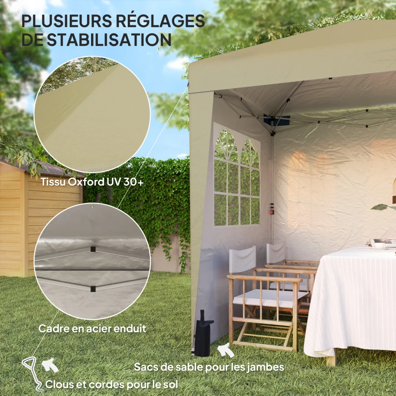 Outsunny Tonnelle barnum de jardin pop-up pliant réglable en hauteur protection UV 30+ 3 parois latérales beige