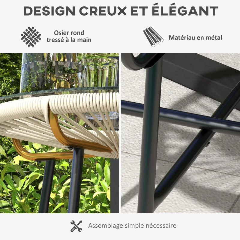 Outsunny Table basse ronde de jardin en résine aspect rotin métal et plateau verre trempé Ø 50 x 50 cm crème
