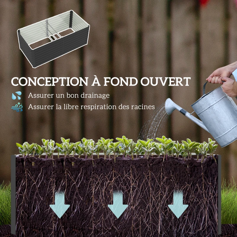 Outsunny Jardinière surélevée galvanisée rectangulaire pour l'extérieur - fond ouvert - 160 x 80 x 60 cm, gris