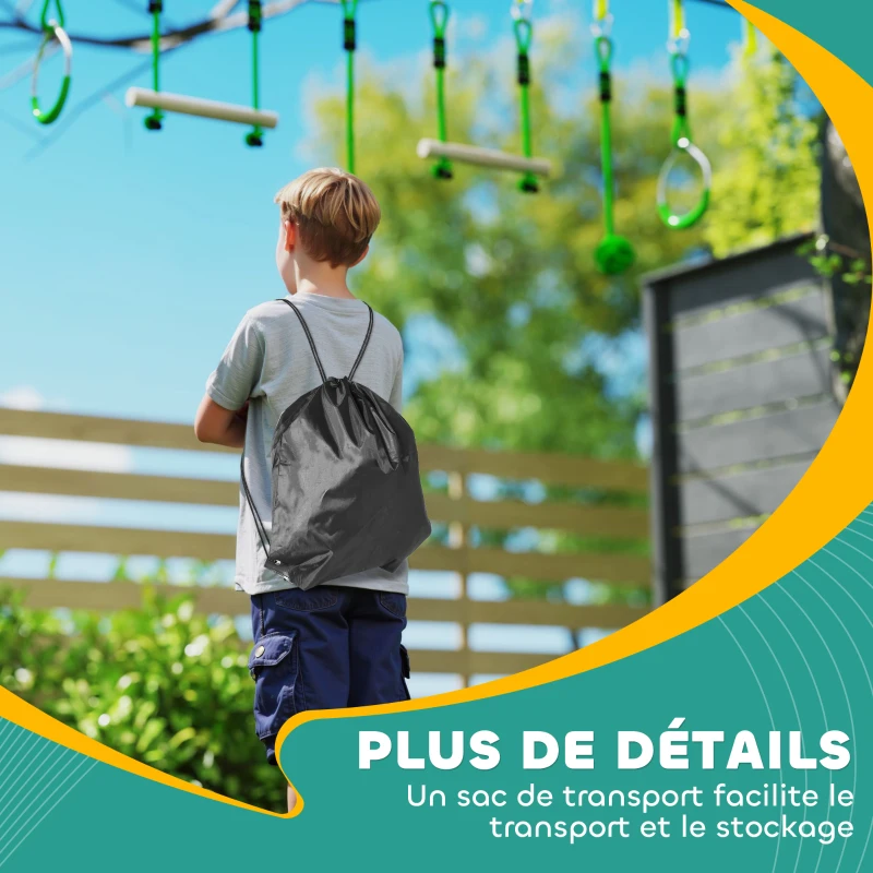 AIYAPLAY Parcours d'obstacles Ninja pour enfants 10 M kit de tyrolienne complet 7 pièces charge 50 kg, installation facile, vert