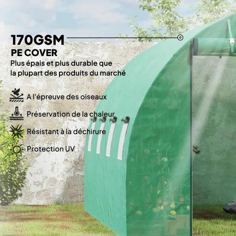 Outsunny Serre tunnel de jardin 3 x 4 x 2 m avec porte enroulable et grandes fenêtres, en acier galvanisé et PE, vert