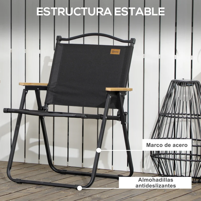 Outsunny Set 2 Sillas de Jardín Plegables con Reposabrazos Sillas para Camping y Playa en Tela Oxford y Acero 54x59x78 cm Negro