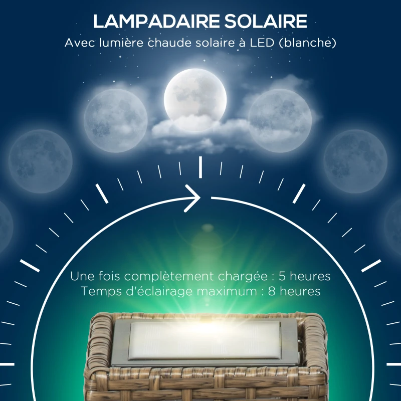 Outsunny Lampadaire solaire extérieur en résine tressée lampadaire sans fil rechargeable capteur de lumière 15,5 x 15,5 x 69 cm