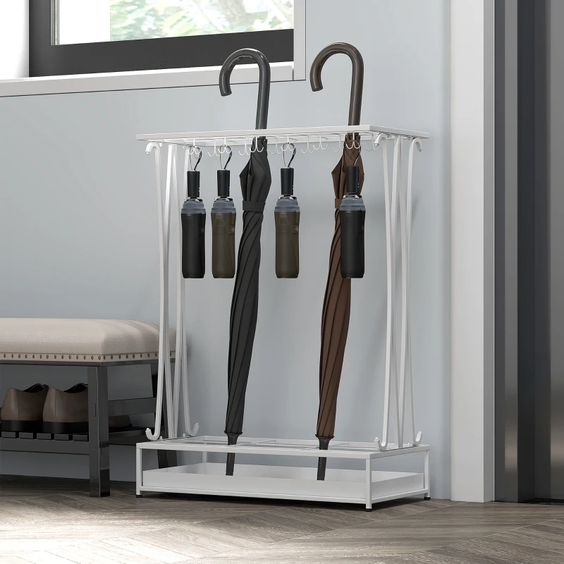 HOMCOM Paragüero Moderno de Acero con 21 Espacios y 24 Ganchos Bandeja Recogegotas Extraíble para Entrada 50x24x68 cm Blanco