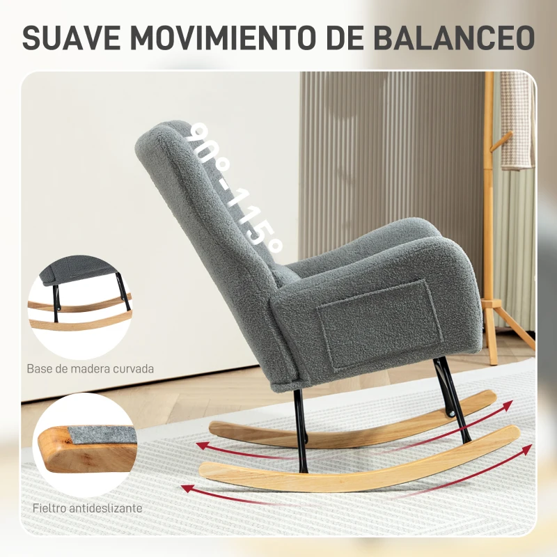 HOMCOM Mecedora de Borreguito con Respaldo Acolchado Almohada y Base de Madera de Caucho Carga 120 kg Gris