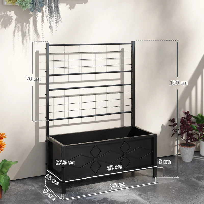 Outsunny Jardinière surélevée pour le jardin avec treillis, acier galvanisée avec motif en losange, 90 x 40 x 120 cm, noir