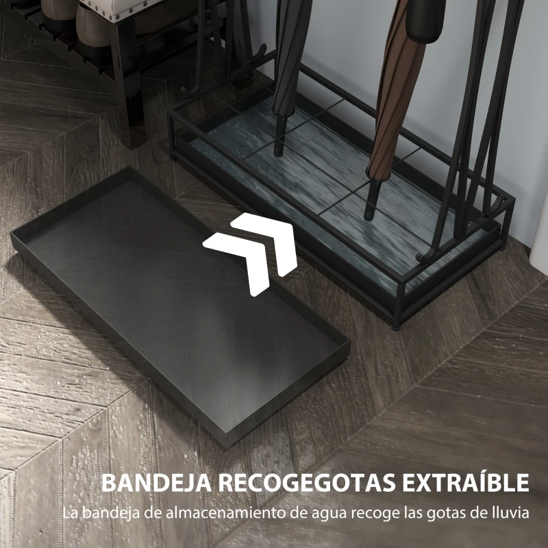 HOMCOM Paragüero Moderno de Acero con 21 Espacios y 24 Ganchos Bandeja Recogegotas Extraíble para Entrada 50x24x68 cm Negro
