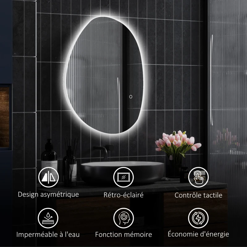 HOMCOM Miroir de Salle de Bain Asymétrique LED 70 x 50 cm - 3 couleurs, anti-buée, montage mural avec interrupteur tactile